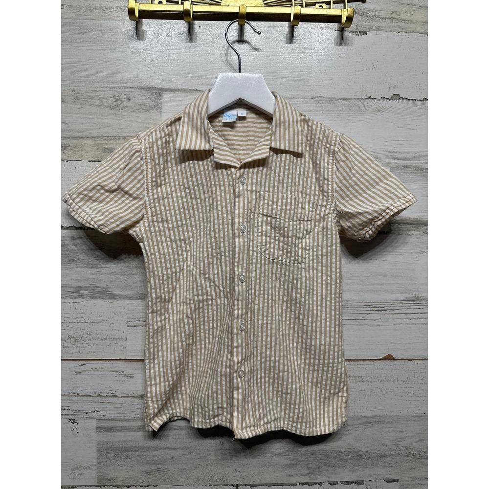 Vatpave Button Down Shirt Boys Size 6 Tan White Striped Short Sleeve EUC